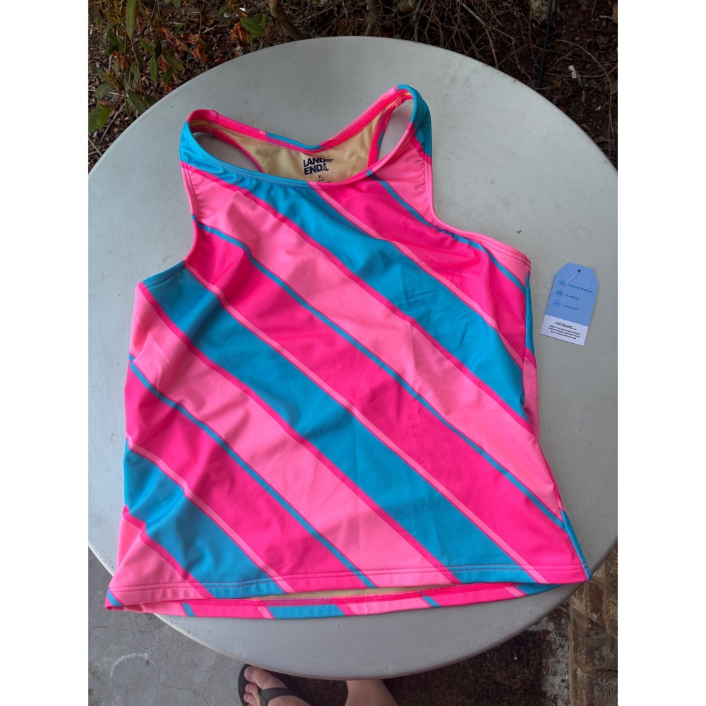 Lands End Girls XL 14-16 Tankini Swim Top Pink Blue Stripe Racerback NWT
